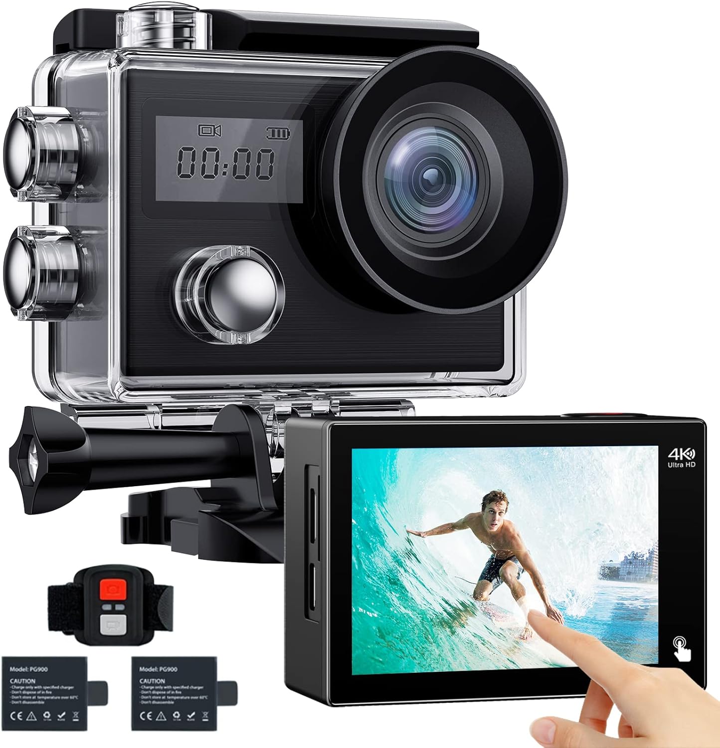 4K Action Camera, 20MP WiFi Waterproof Camera, EIS Touch Screen Sports Camera, PC Webcam, 170° Wide Angle 131FT Underwater Camcorder with Remote Control, 2 Batteries and Accessories