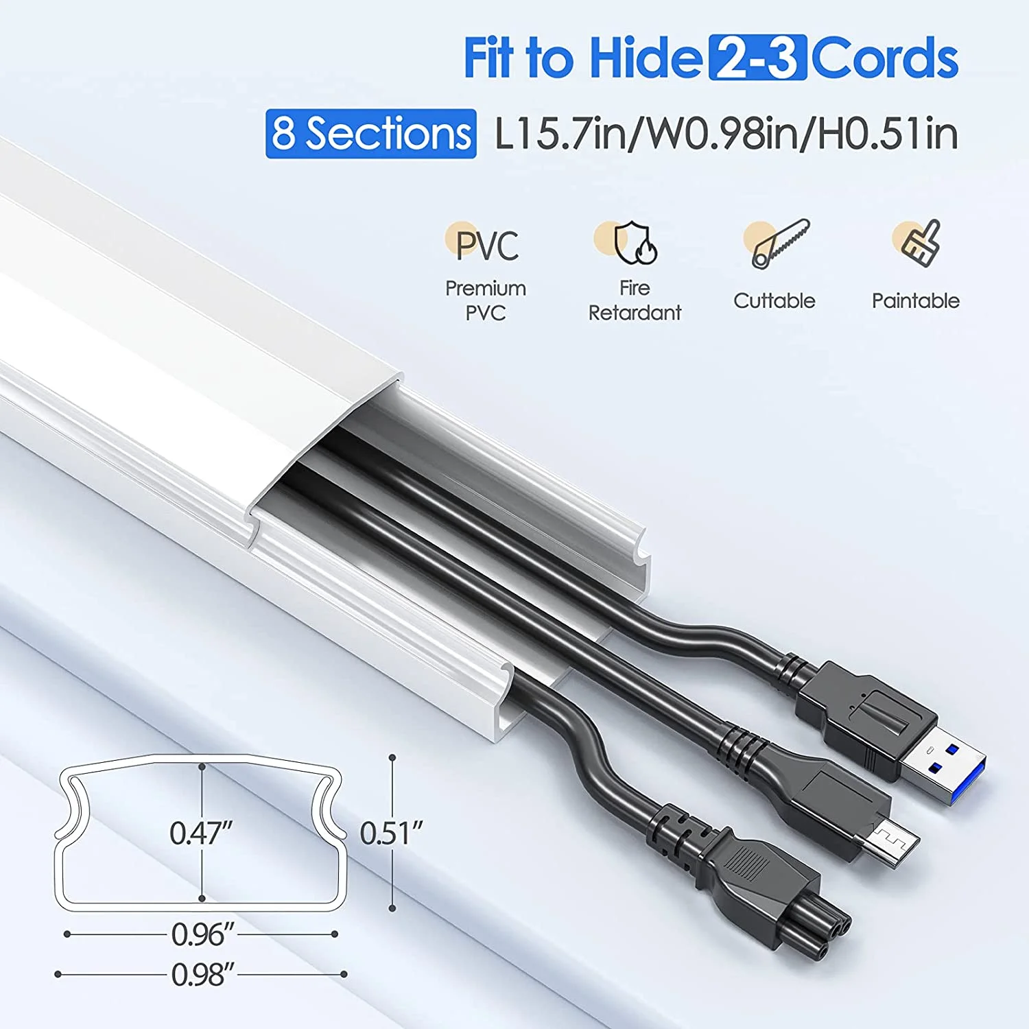 125in Cord Cover, Medium Cord Hider on Wall Cable Management, Cable Raceway Kit for 3 Cords, Wire Hider Cord Management, Cable Concealer for Home Office, W0.98in H0.51in White