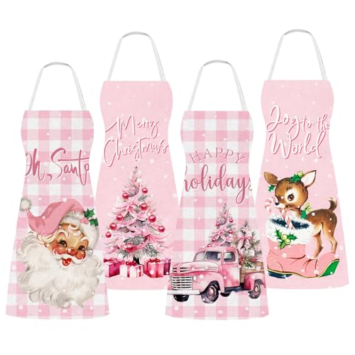 Whaline 4Pcs Christmas Aprons Pink Xmas Tree Santa Deer Buffalo Plaid Adjustable Kitchen Cooking Aprons for Christmas Holiday Home Party Supplies