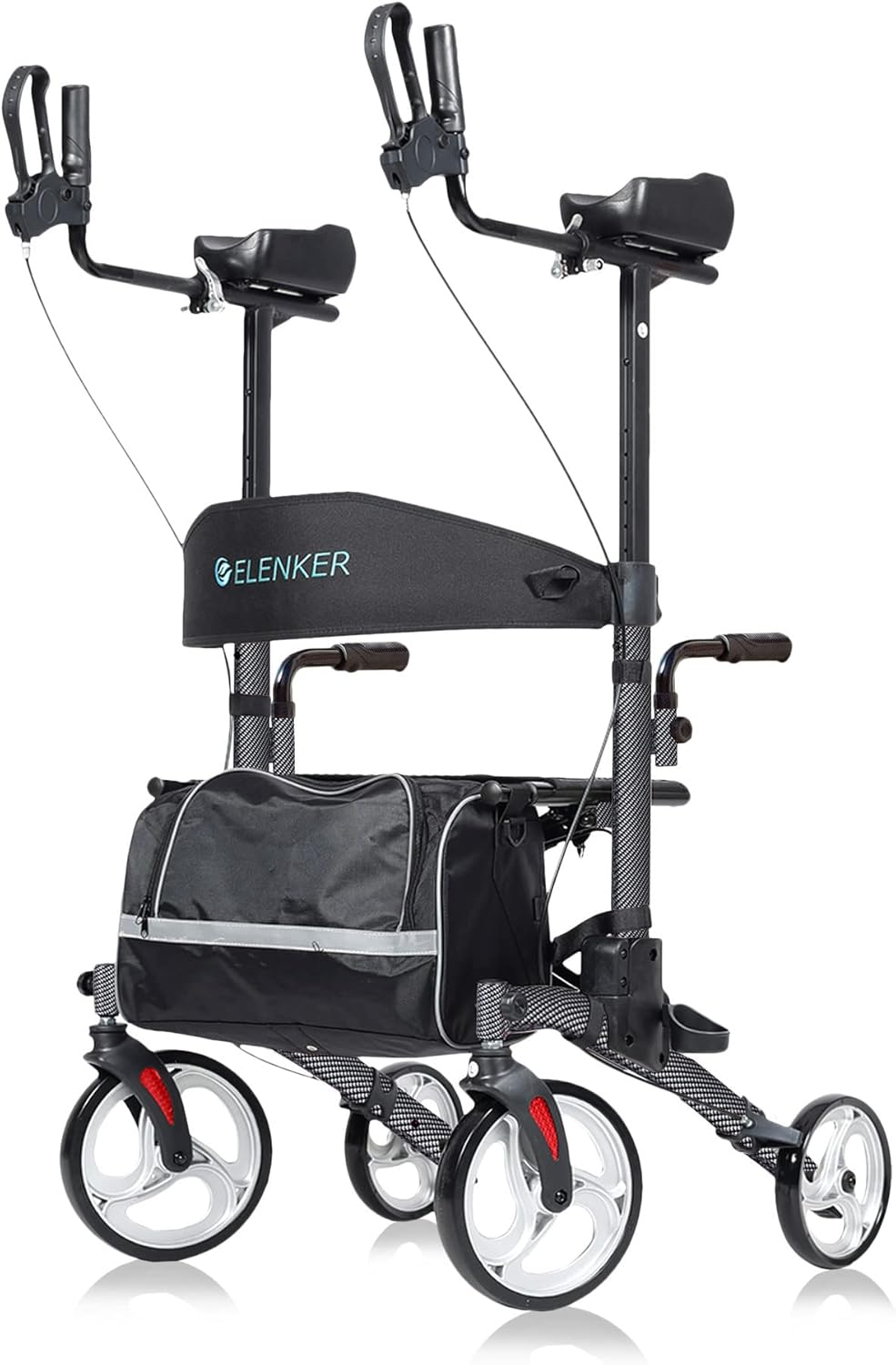 ELENKER Upright Walker, Stand Up Folding Rollator Walker with 10” Front Wheels Backrest Seat and Padded Armrestsf (Carbon Fiber Black)