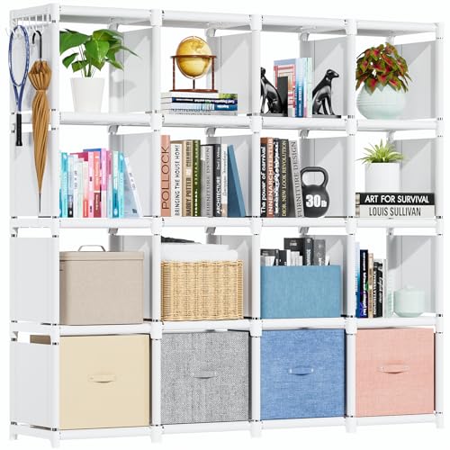 Mavivegue Book Shelf, 16 Cube Storage Organizer, Metal Cube Bookshelf, DIY Bookcase, Tall Book case for Bedroom, Living Room, Office, Closet Storage Organizer, Black Cubicle Storage Rack-White