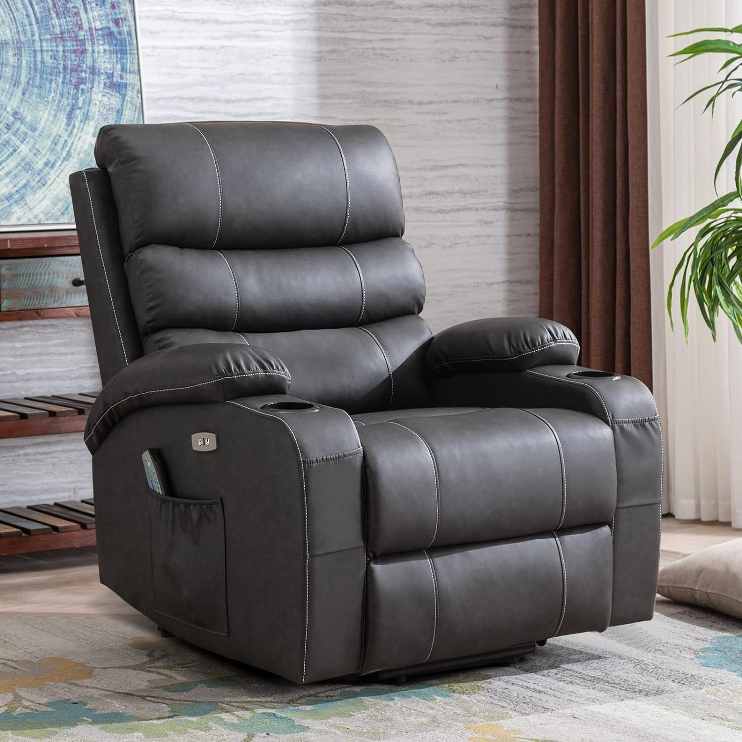 Power Lift Recliner Chair with Heat and Massage for Elderly, Electric Recliner Chairs with Standing Assistance, 2 Cup Holders, 2 Side Pockets, USB Charge Port, Breathable Leather