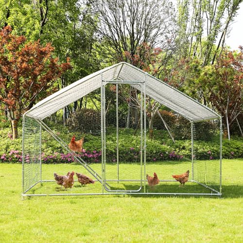 Large Metal Chicken Coop, Walk-in Chicken Run for 10 Chicken with Water-Resident and Anti-UV Cover, Sturdy Dome Roof Chicken House for Outdoor Farm Use, Roosting Perch Included