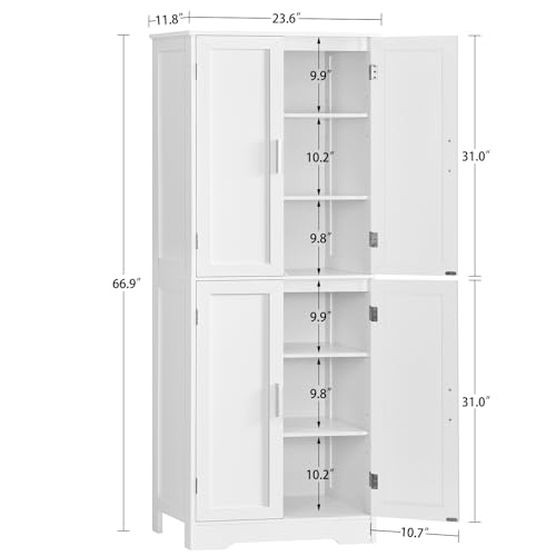 67” Storage Cabinet, Kitchen Pantry Cabinet with 4 Doors and 2 Adjustable Shelves, Cupboard, Tall Bathroom Cabinets for Dining Room, Living Room, White