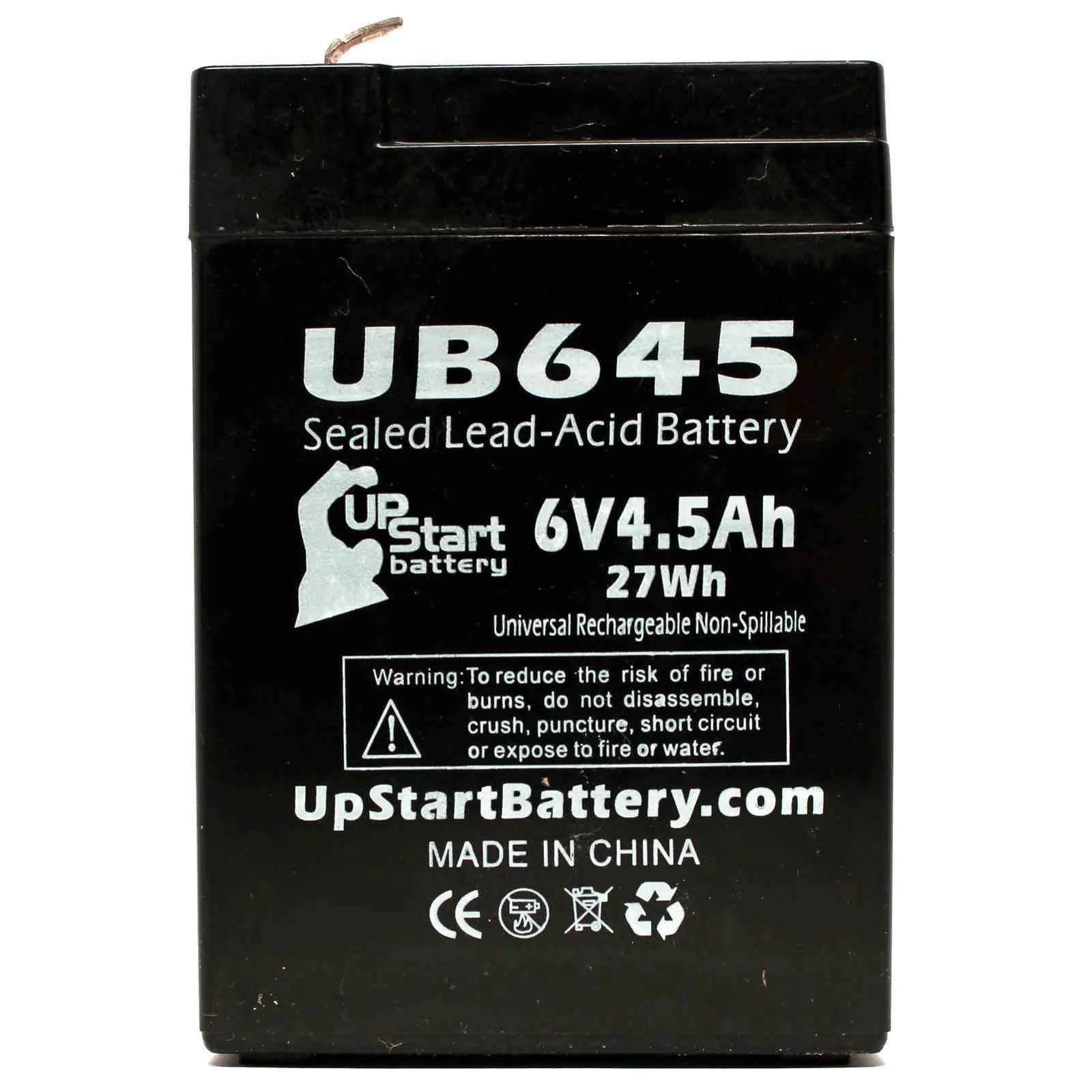 Compatible W. W. Grainger 5VC01 Battery - Replacement UB645 Universal Sealed Lead Acid Battery (6V, 4.5Ah, 4500mAh, F1 Terminal, AGM, SLA) - Includes TWO F1 to F2 Terminal Adapters