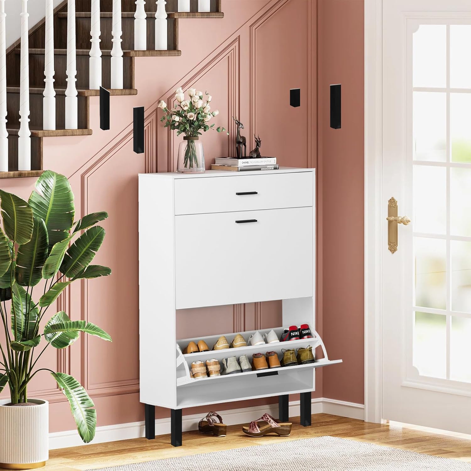 Slim Shoe Cabinet with Doors Wooden Free Standing Shoe Rack with 2 Flip Drawers Modern White Shoe Storage Cabinet with Drawer for Entryway Hallway Living Room Bedroom Apartment