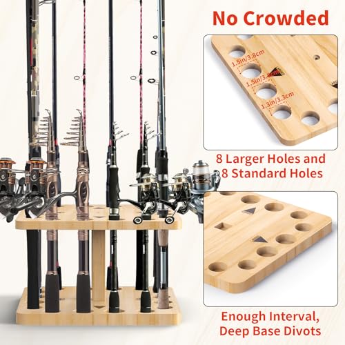 V16 Fishing Rod Storage Rack, Vertical Fishing Pole Holders for Garage, Wooden Rod Rack Stand Organizer for Home - Natural