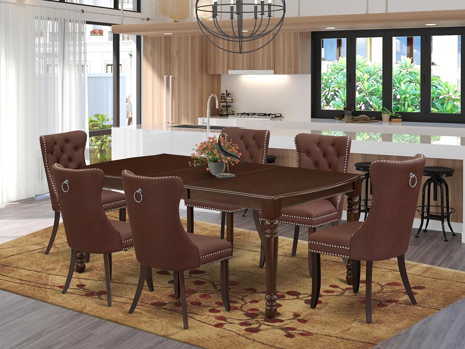 East West Furniture Dover 7 Piece Dining Room Set Consists of a Rectangle Wooden Table with Butterfly Leaf and 6 Upholstered Chairs, 42x78 Inch, Mahogany