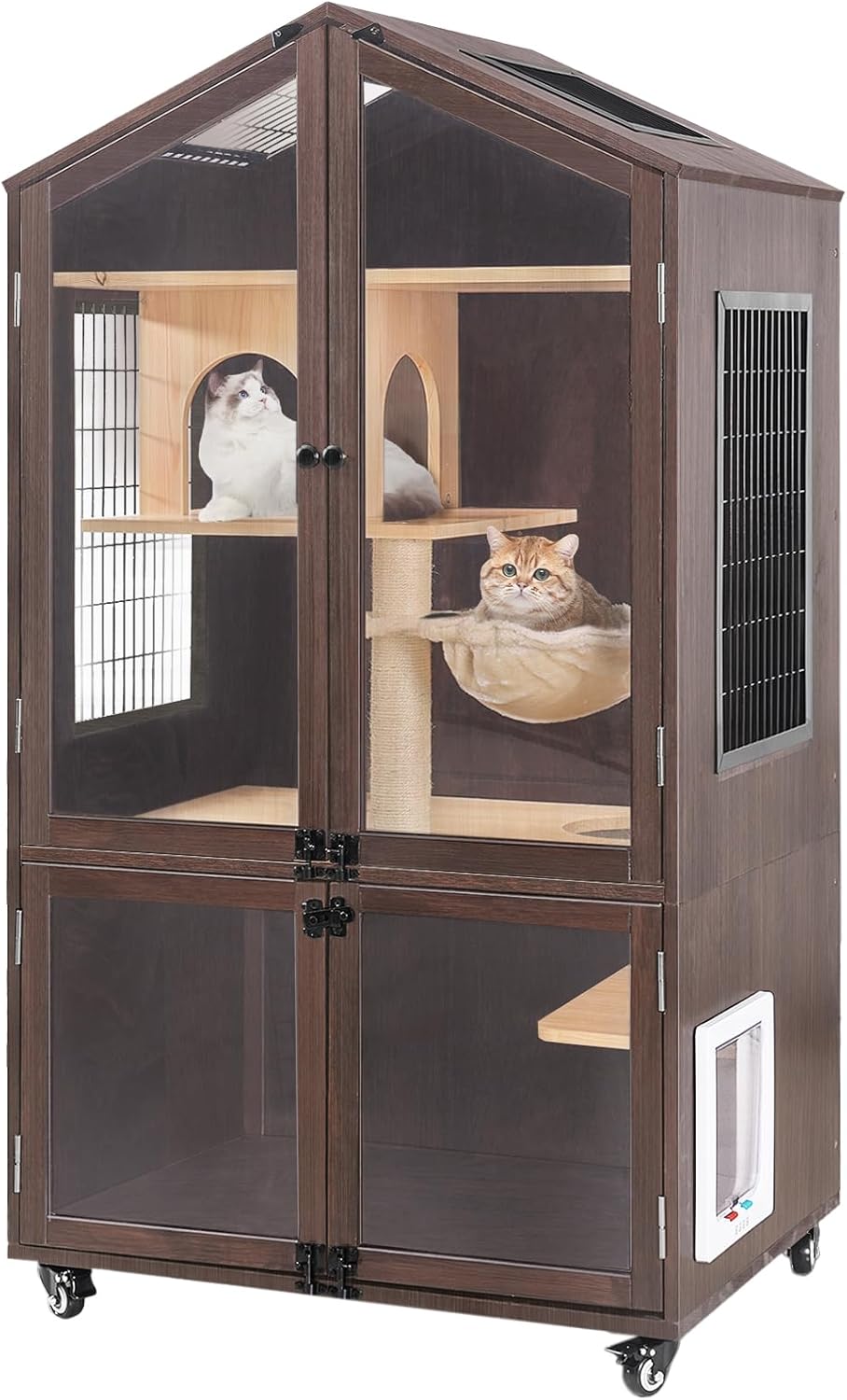 Catio Outdoor Cat Enclosure Wooden Large Cat House with Waterproof Roof, 7 Platforms and 2 Resting Box, Kitty Kennel Condo Shelter for Multiple Cats Walk in Cat Cage, Compatible with Cat Tunnel