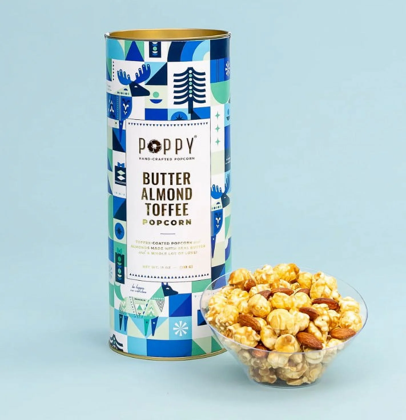 Poppy Popcorn Hand Crafted Butter Almond Toffee Holiday Cylinder