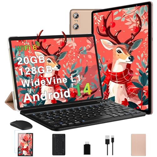 2025 Android 14 Tablet, 10 Inch Tablets 20GB RAM+128GB ROM+1TB Expand, Octa-Core Android Tablet with Keyboard, Mouse, HD IPS Touchscreen, 6000mAh, BT 5.0, WiFi 6, Widevine L1, Split Screen -Rose Gold