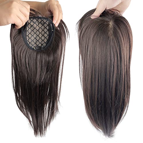 Seamless Straight Head Top Hairpiece Free Part Clip in Topper With Side Part Bangs (Black Brown)