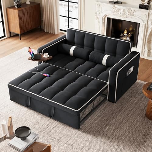3 in 1 Sleeper Sofa Bed - Convertible Love Seat Couch with Side Table, Tufted Futon Sofa w/Pullout Bed, Adjustable Backrest, Cylinder Pillows, Small Sofa for Living Room, Apartment (Orange)
