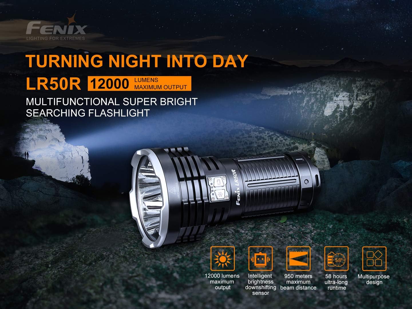 Fenix LR50R 12000 Lumen Rechargeable Flashlight, Super Bright High Lumen with LumenTac Battery Case