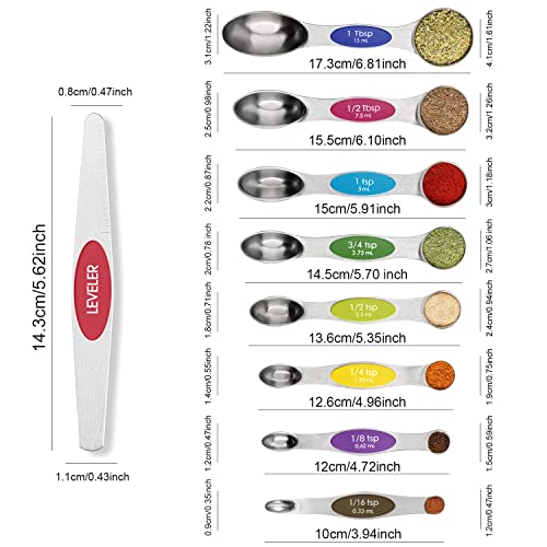 Magnetic Measuring Spoons Set Stainless Steel with Leveler, Metal Stackable Measuring Spoons for Baking, Tablespoon Kitchen Utensils Gadgets for Dry or Liquid Food, Fits in Spice Jars