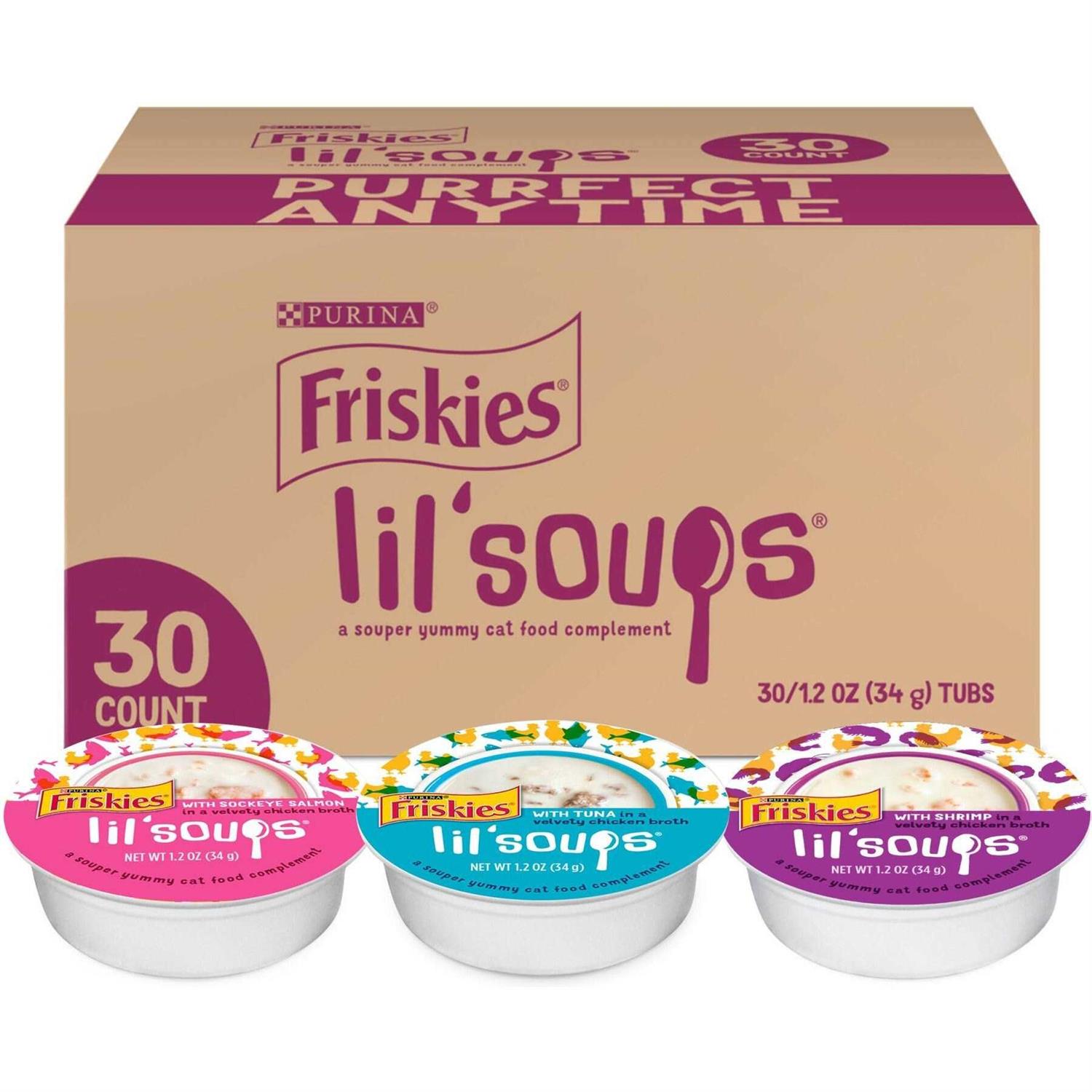 Friskies Purina Grain Free Wet Cat Food Complement Variety Pack Lil' Soups with Salmon Tuna or Shrimp - Pet Supplies online store