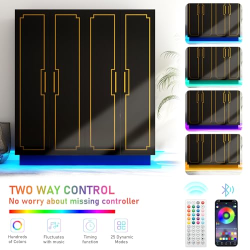 70in LED 4 Doors Armoires Wardrobe Closet&Cabinet with Metal Hanging Rod, Freestanding Bedroom Black Tall Armoires with RGB LED 60000-color Lights for Bedroom Office Clothes Organizer