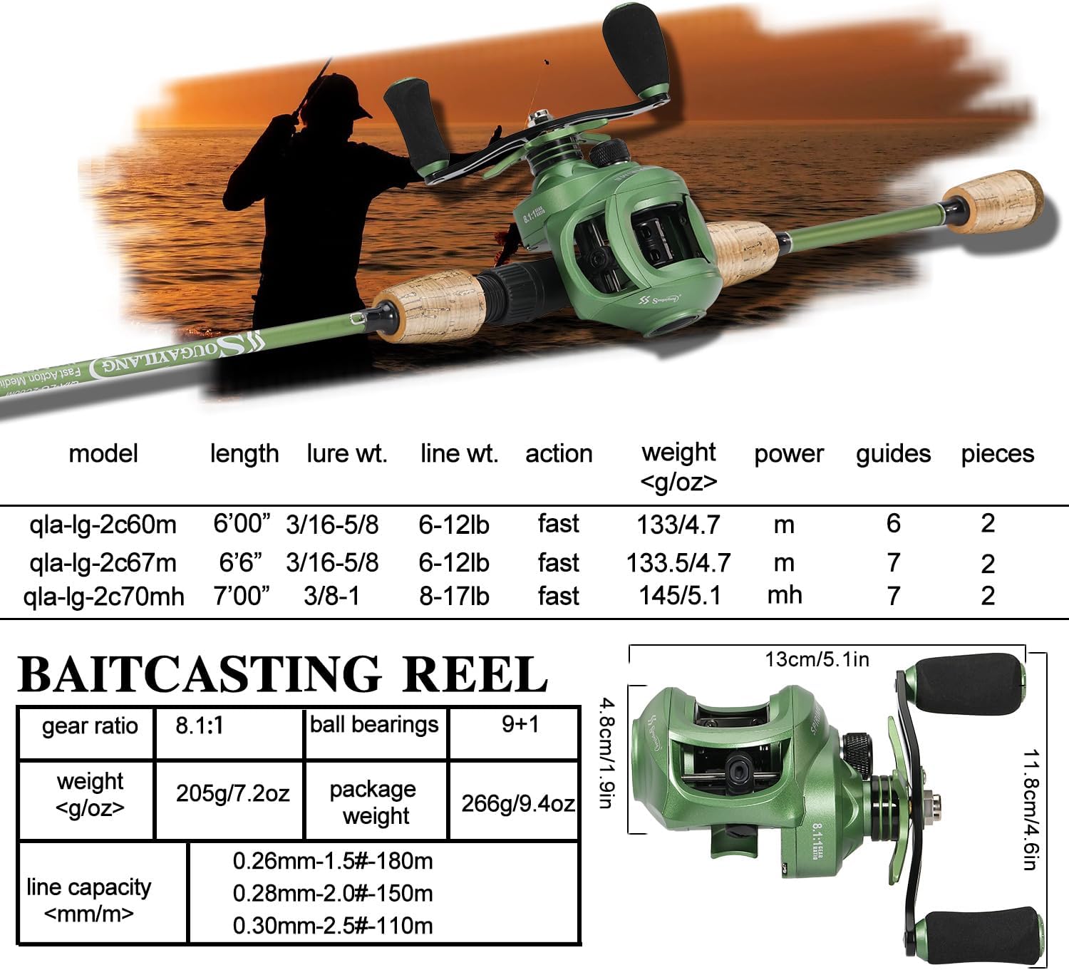 Sougayilang Fishing Rod Reel Combos, Graphite 2Pc Blanks Fishing Pole with Casting & Spinning Reel, Stainless Steel Guides