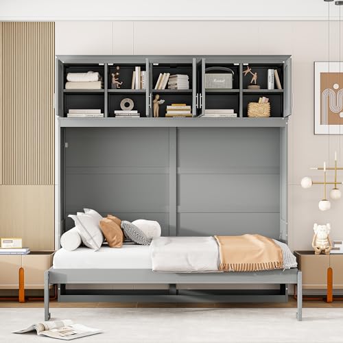 Full Size Murphy Bed with Top Cabinets and New Pneumatic Lift, Wall Chest Bed Space-Saving Design Cube Cabinet Wood Beds Frame Slat, Flexible Conversion Chest for Guest Room Home Office