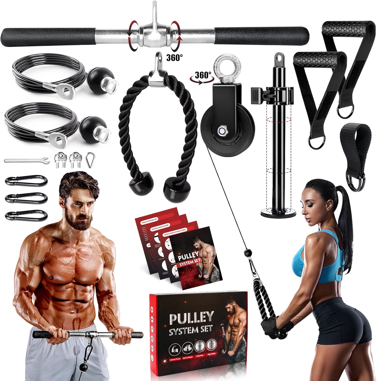 Weight Cable Pulley System Gym, Cable Pulley Attachments for Gym LAT Pull Down, Biceps Curl, Tricep Pull Down, Forearm and Shoulder Exercise, Home Gym Workout Equipment with Rotating Straight Bar Pack of 2