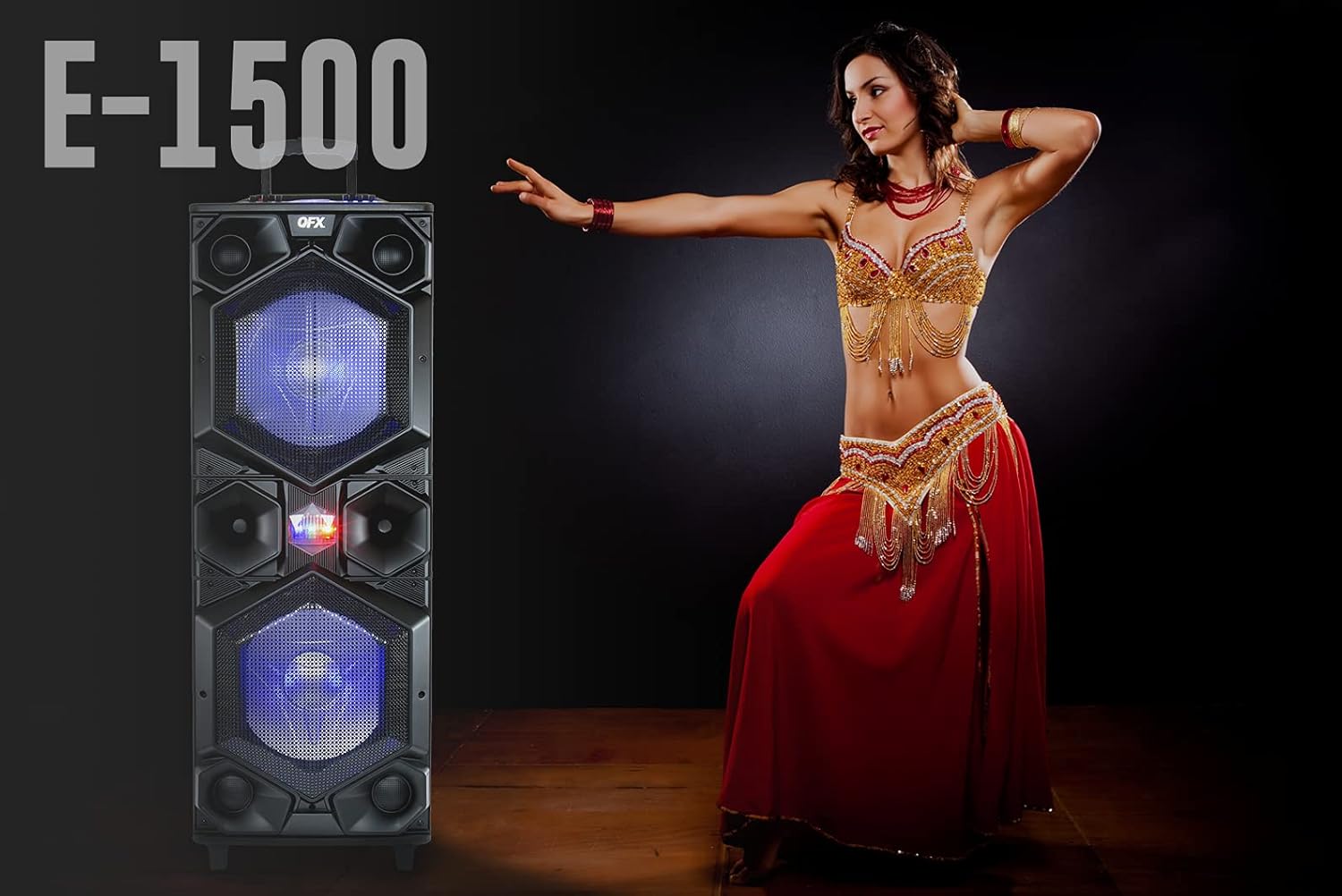 QFX E-1500 Professional Large Bluetooth Speakers | Portable PA Speaker System | Dual 15” Woofers, 1.5” Tweeter, and Party Lights