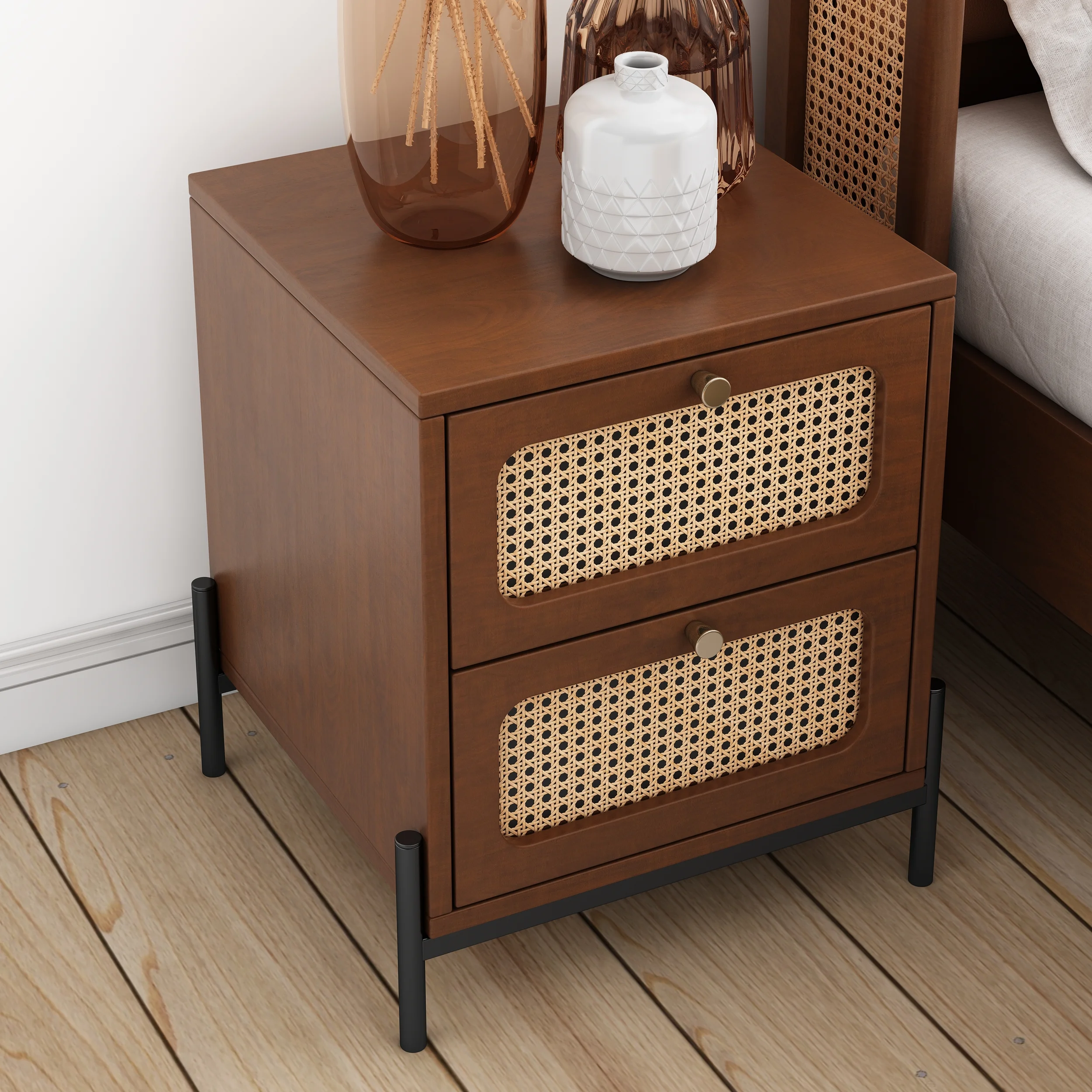 CoSoTower Modern Cannage Rattan Wood Closet 2-Drawer Side Table End Table Nightstand for Bedroom, Living Room, Entryway, Hallway, Walnut