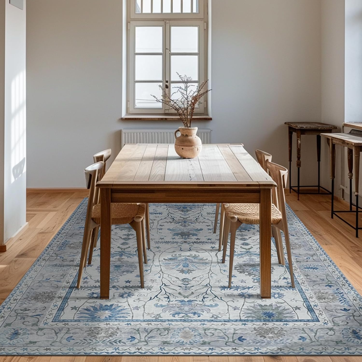 8x10 Large Washable Rugs for Living Room Boho Grey Flower Printed Area Rug Ultra Thin Rugs Carpet Non-Slip Distressed Carpet Aesthetic Area Rugs