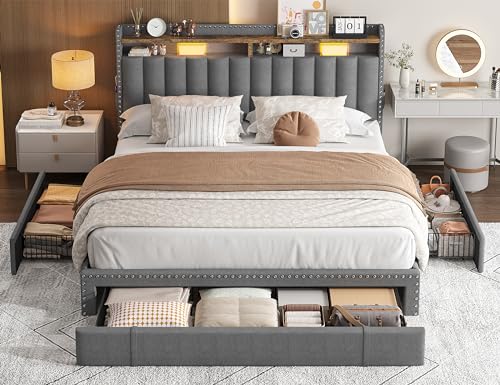 EnHomee Full Bed Frame with 3 Drawers,Queen Size Bed Frame with 2-Tier Storage Headboard, Upholstered Platform Bed Frame Queen Size with Storage,Wood Slats Support,No-Noise, Easy Assembly,Grey