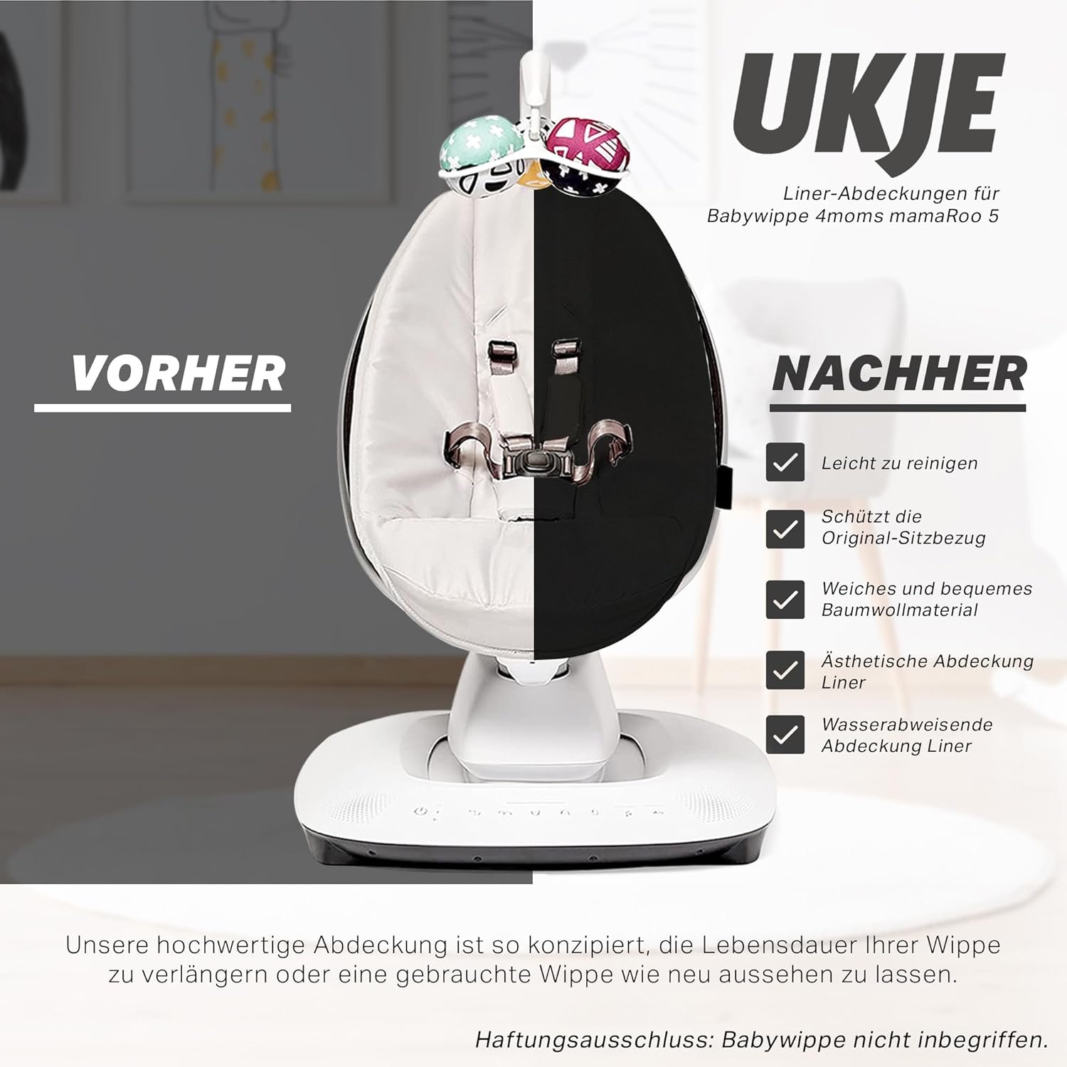 Ukje Protective Swing Cover Compatible with 4moms RockaRoo or MamaRoo 5, Multi-Motion Baby Swing, Baby Swing Liners, Baby Rocker Cover, Easy to Install, Easy to Wash, Handmade in Europe - Black