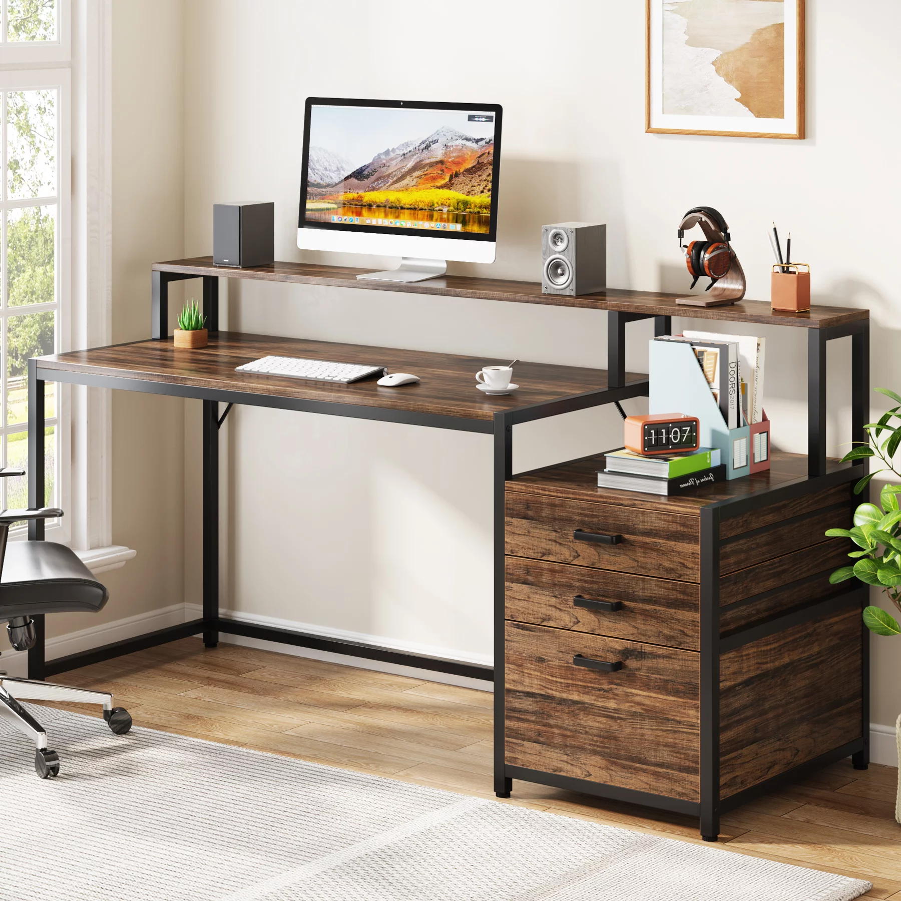 Tribesigns 63 Inch Computer Desk with Monitor Stand, Ergonomic Office Desks with Drawers File Cabinet