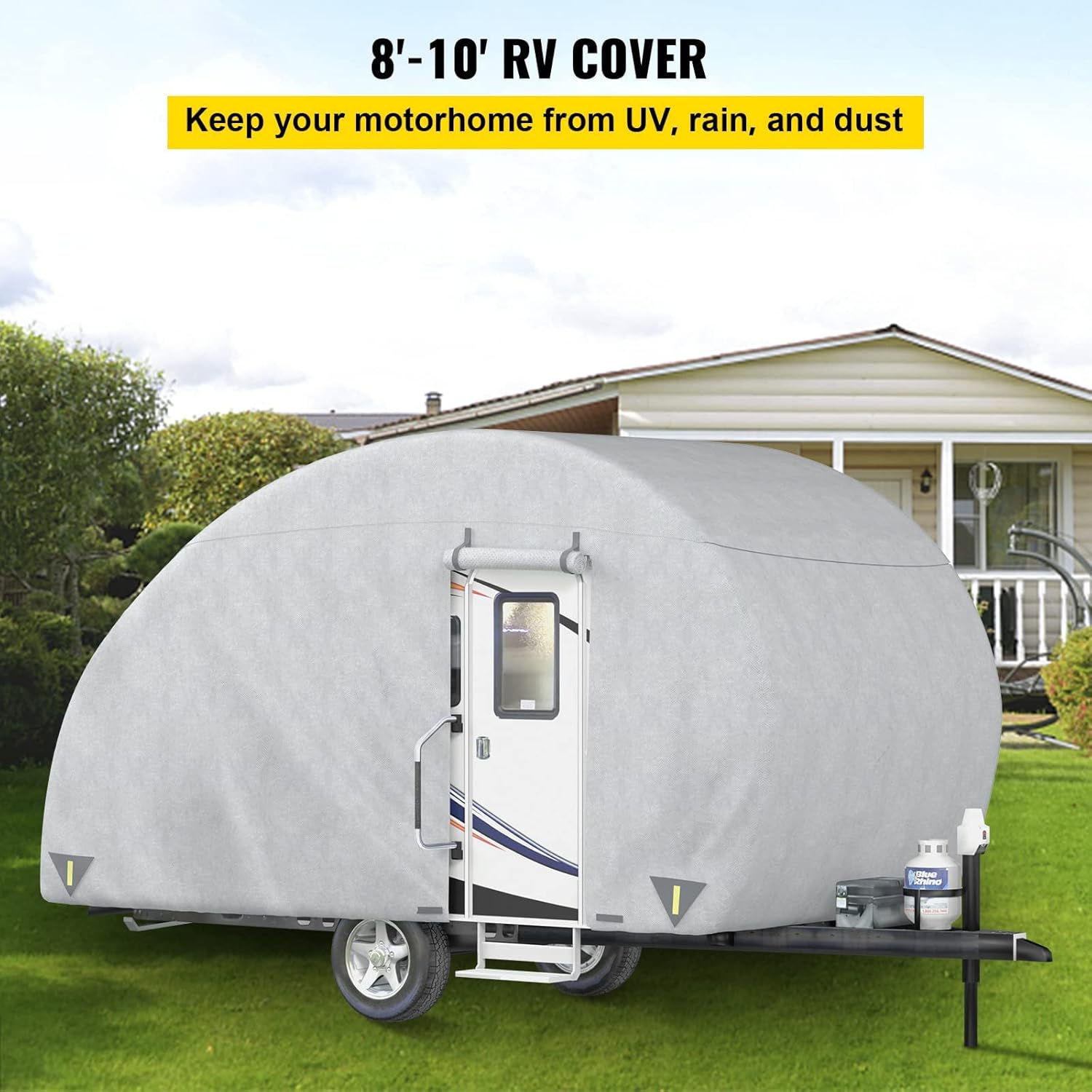 VEVOR Teardrop Trailer Cover, Fit for 8' - 10' Trailers, Upgraded Non-Woven 4 Layers Camper Cover, UV-proof Waterproof Travel Trailer Cover w/ 2 Wind-proof Straps and 1 Storage Bag