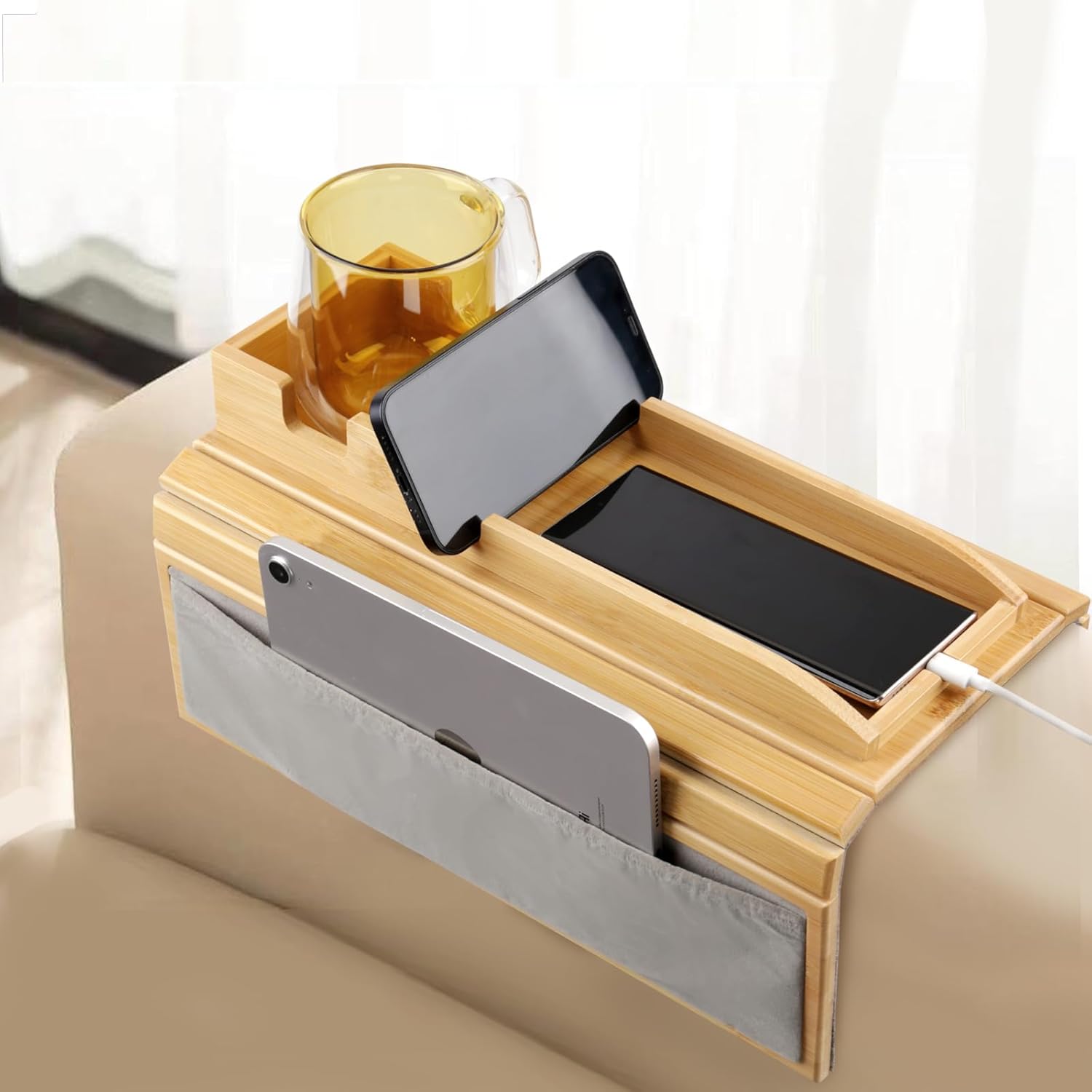 Couch Cup Holder Tray，Couch arm table with Side Storage Pocket，Couch arm tray with Anti-Slip Design, Natural Bamboo Sofa tables for Drinks, Snacks, Cup, Remote and Phone