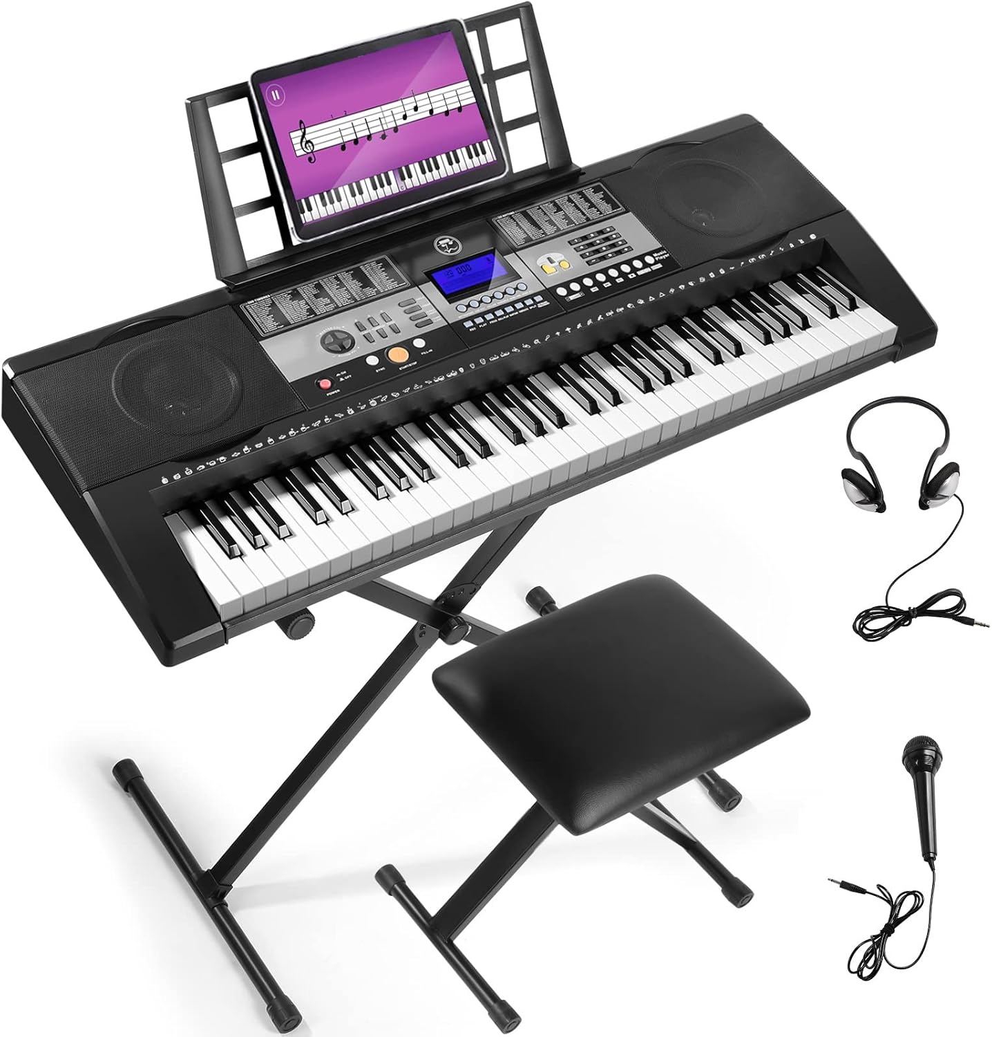 MUSTAR Keyboard Piano, 61 Key Electric Keyboard with LCD Screen, Recorder, 3 Teaching Modes, Adjustable Keyboard Stand, Headphones, Microphone and Power Adapter, Grey