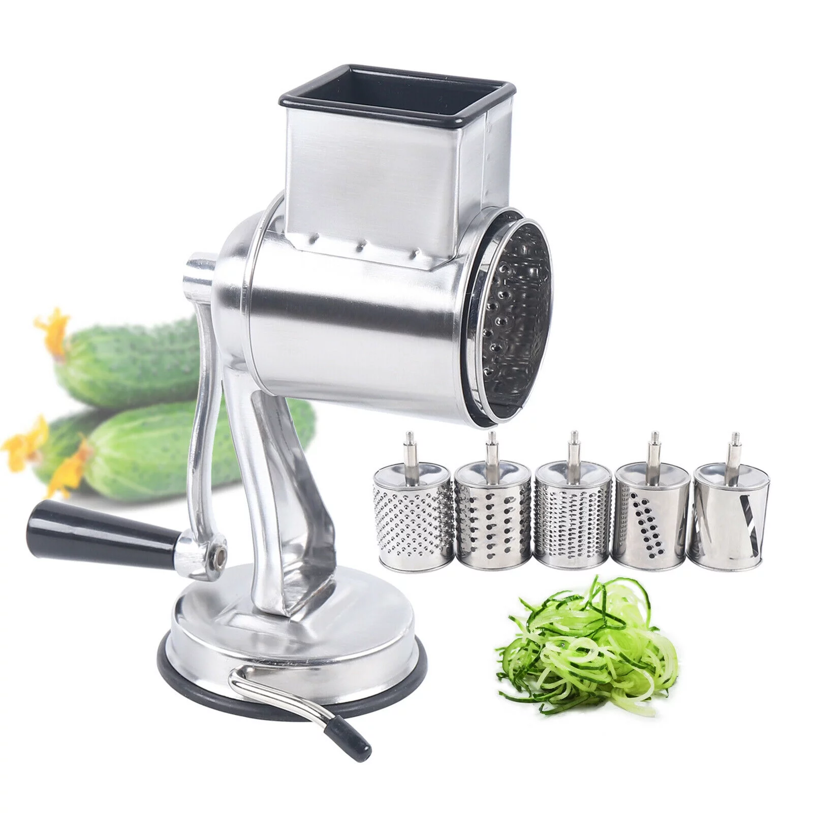 TFCFL Stainless Steel Kitchen Rotary Grater Manual Drum Grater Vegetable Cutter Nuts Mill w/ 5 Drums