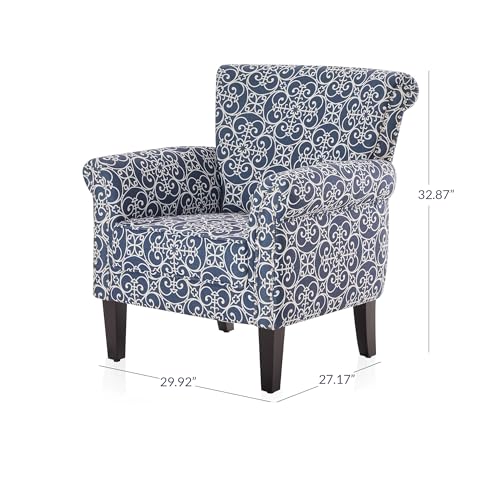 BELLEZE Upholstered Wingback Accent Chair, Fabric Armchair Club Chair, Nailhead Trim High Back Patterned Corner Chair for Living Room Bedroom - Rosette (Navy Blue/White)