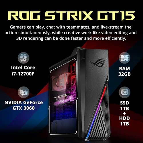 Asus 2022 ROG Gaming Desktop, Intel Core i7-12700F Processor, 32GB DDR4 RAM, 1TB PCIe SSD + 1TB HDD, NVIDIA GeForce RTX 3060 12G, Win 11 Pro, Black, 32GB USB Card