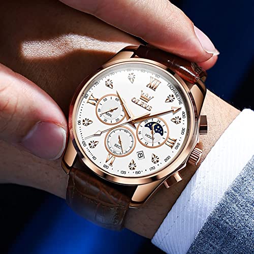 OLEVS Mens Watches Leather Chronograph Luxury Fashion Dress Analog Quartz Wrist Watch Luminous Waterproof Moon Phase Date