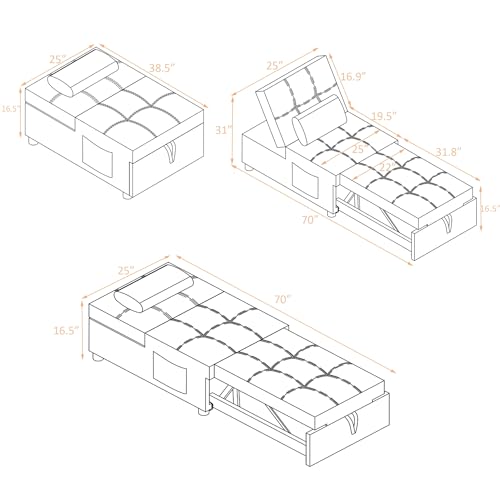 Sleeper Chair Bed with Adjustable Backrest Convertible Sofa Chair Bed with Pillow, Linen Fabric Pull Out Sleeper Chair Bed, Multi-Functional Lounge Chair for Living Room Apartment Small Space (Blue)