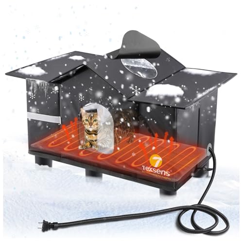 Texsens Outdoor Cat House - Weatherproof Large Cat Shelter for Outside with Roof Window- Insulated Elevated House for Stray/Barn Cats with Cozy Cushion - Ideal Waterproof Feral Cat House