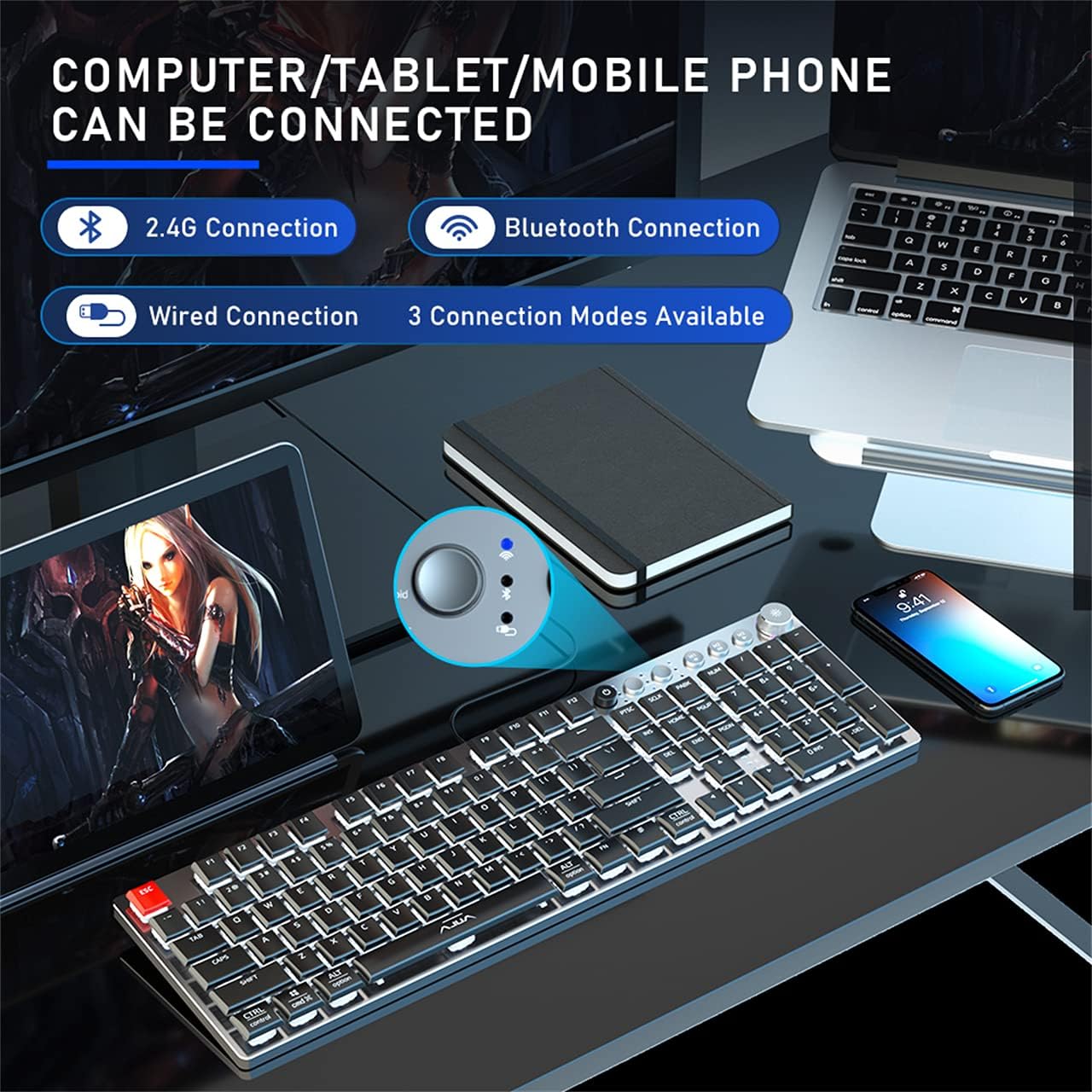 AULA F2090 Low Profile Wireless Bluetooth Mechanical Keyboard, with RGB Backlit, Media Control, 104 Slim Keycaps USB Wired PC Gaming Keyboard for Mac Windows, iOS, Android (Blue Switch)