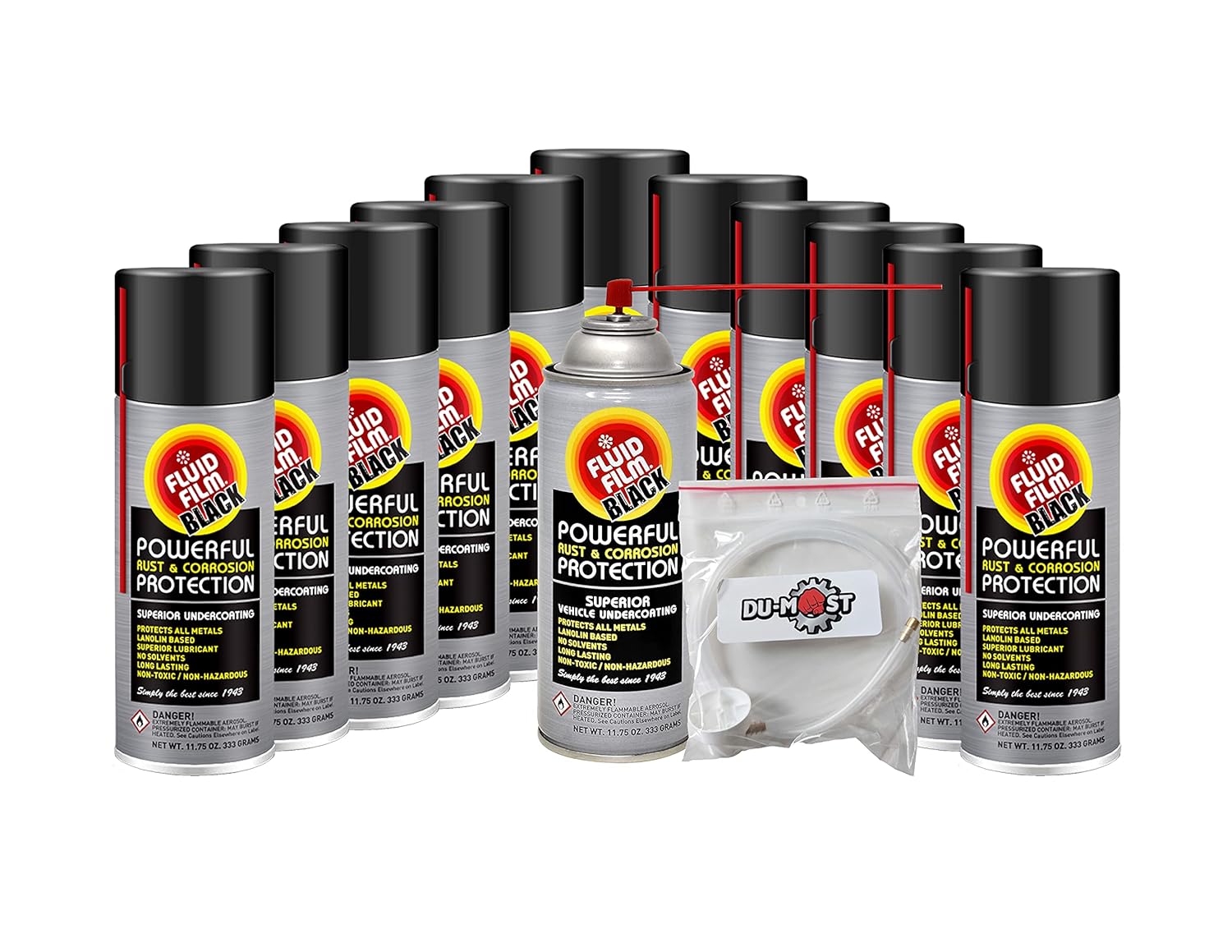 Fluid Film BLACK (12 Aerosol Cans) with DU-MOST 2' Extension Hose & Nozzle, Long Lasting Corrosion Prevention, Penetrant & Lubricant, Marine, Automotive & Snow-Handling Vehicles Undercoating, 11.75 Oz