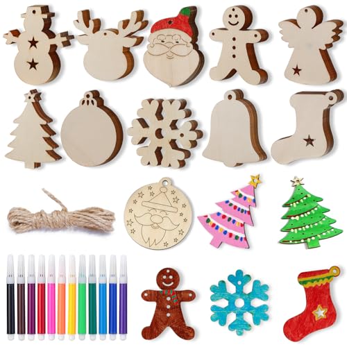 WeCraftool Christmas Crafts,100pcs DIY Wooden Ornaments for Crafts Arts,Stocking Stuffers Gifts for Ages 4 5 6 7 8+ Years Kids Boys Girls-Unfinished Wood Slices with Painting Kit Christmas Ornaments