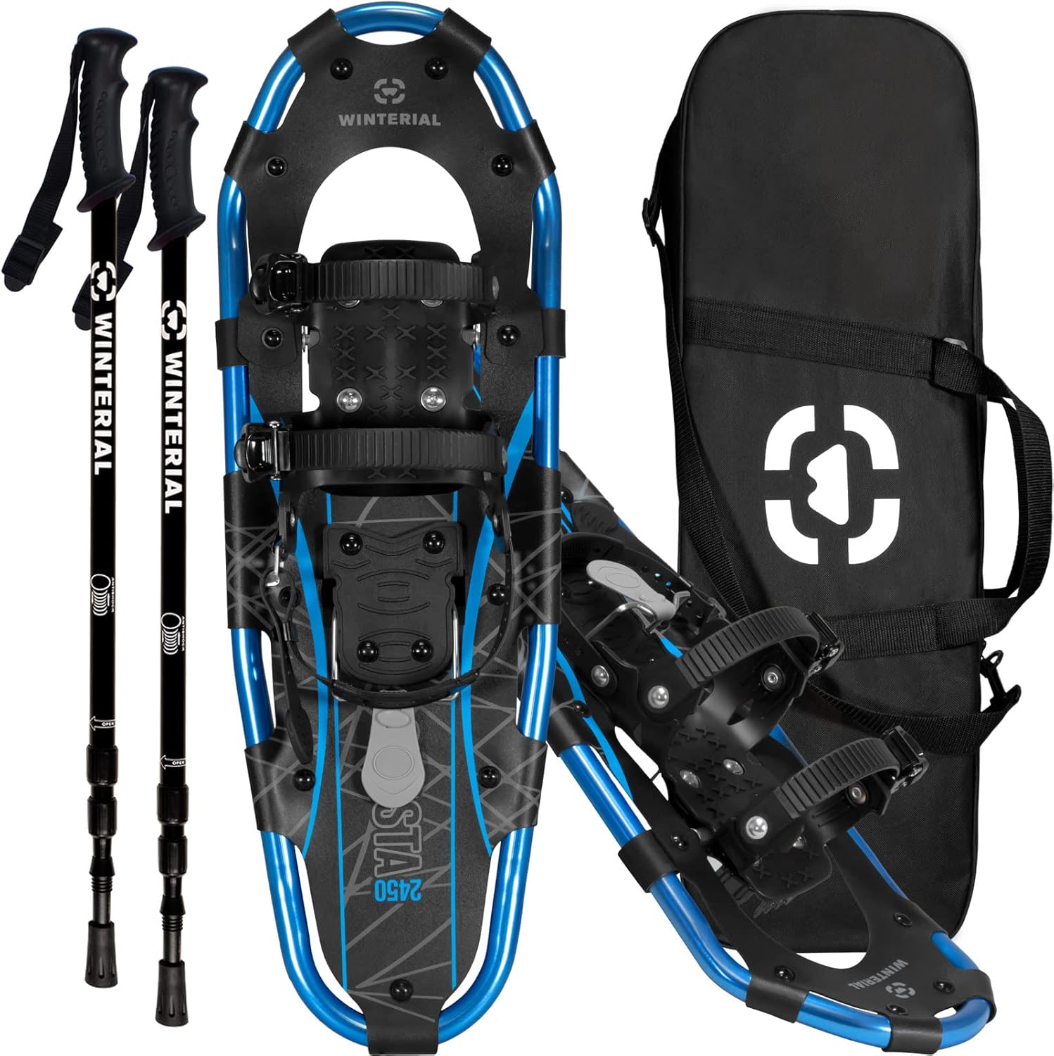 Winterial 25/30 Inch Light Weight Snow Shoes for Men, Women, Youth, Aluminum Rolling Terrain Snowshoes with Trekking Poles and Carry Bag (Blue/Gold)