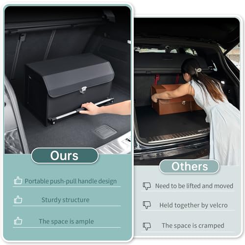 XCF Car Organizer Trunk, Durable Collapsible Leather Trunk Organizer with Lid and Sturdy Handle, Auto Cargo Storage Compartments, SUV/Car Accessories for Men/Women (11.4 x 27 x 12.2, Black)