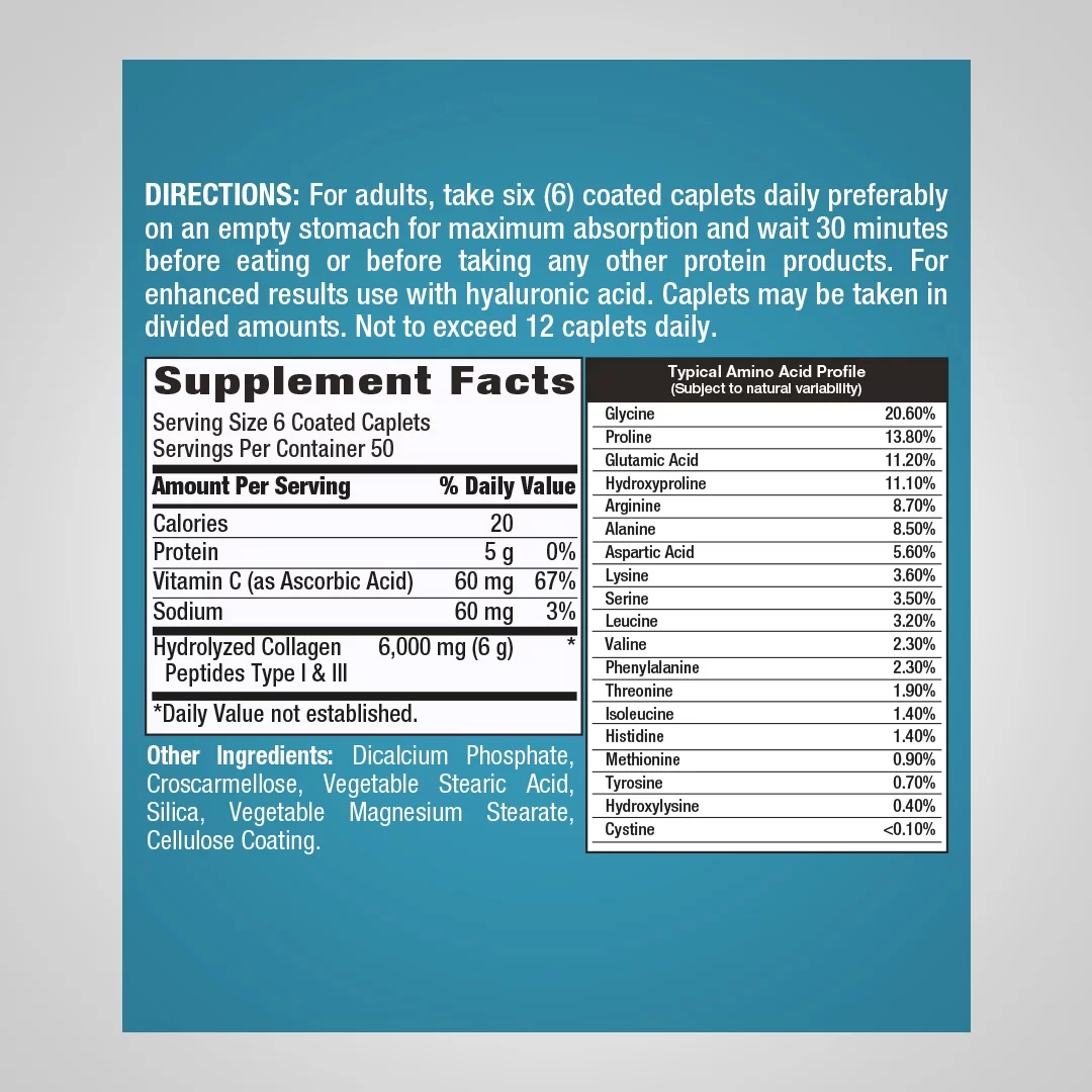 Collagen Pills 6000mg | 300 Caplets | Hydrolyzed Peptide Supplement | Type I & III | Non-GMO, Gluten Free | By Piping Rock