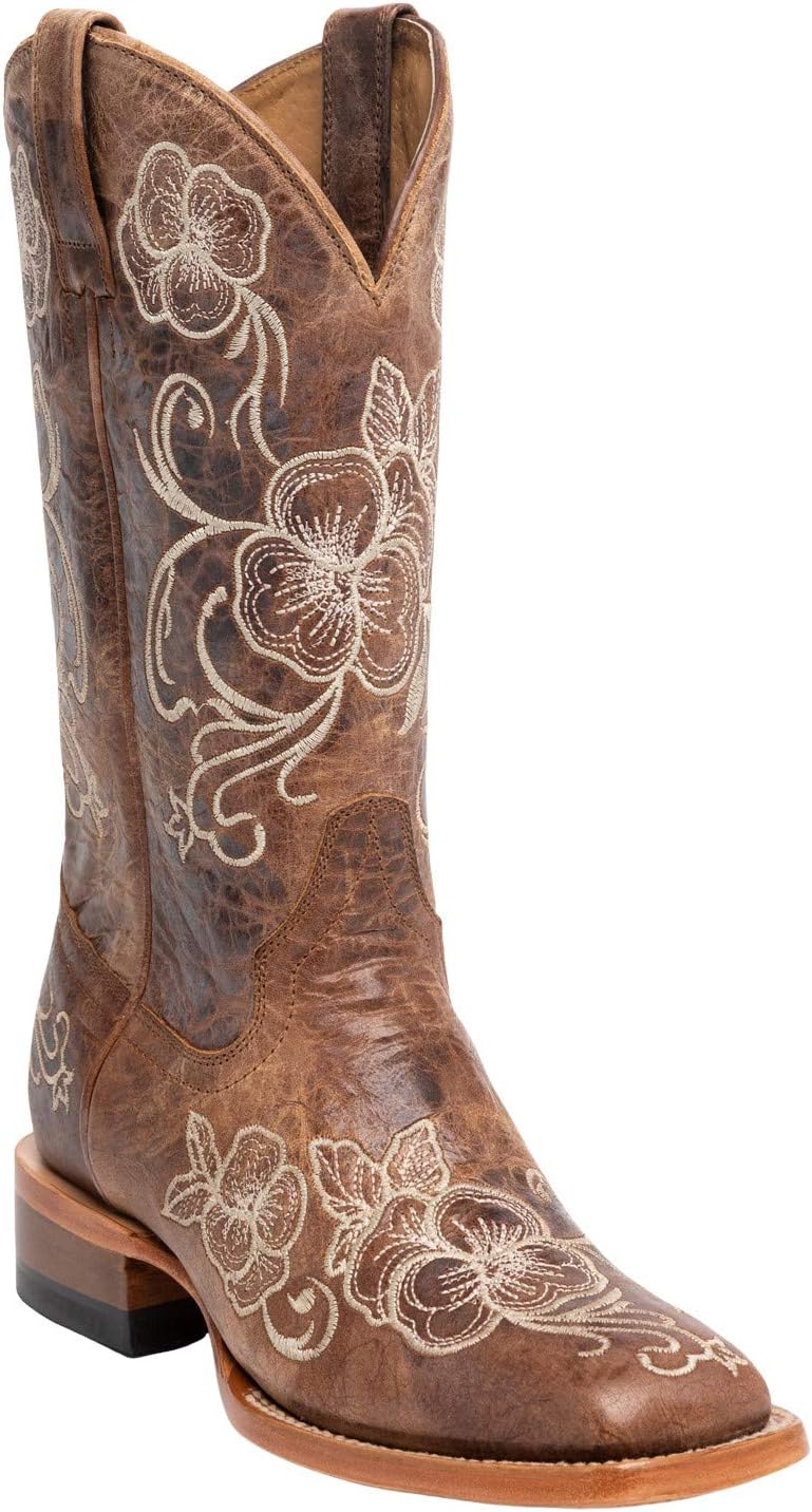 Shyanne Women's Lasy Floral Embroidered Western Boot Broad Square Toe Brown 8 M US