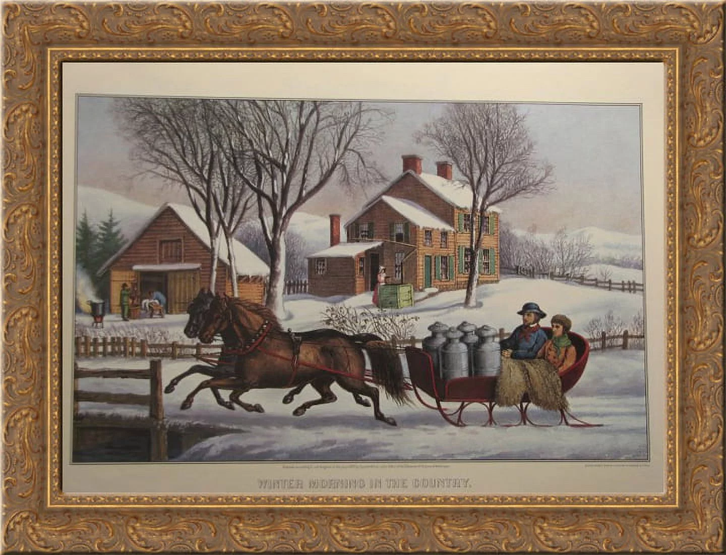 Winter Morning in the Country 24x18 Gold Ornate Wood Framed Canvas Art by Currier and Ives