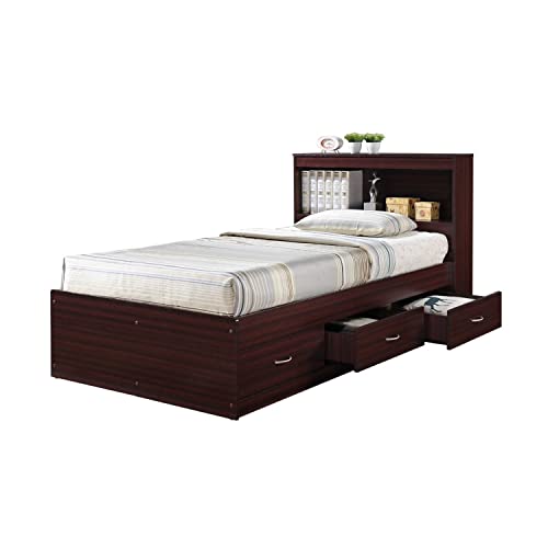 HODEDAH Twin Size Wood Platform Bed with Bookcase Headboard with 3 Drawers for Bedroom Storage Organization, Beech