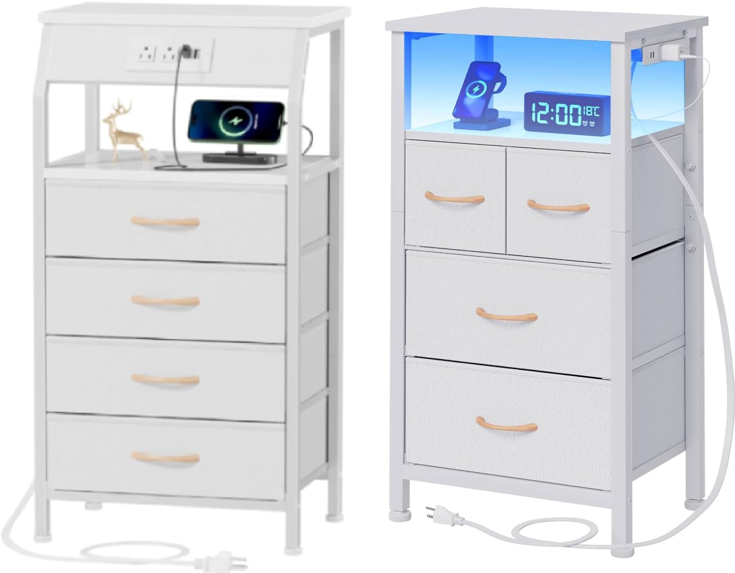 Furnulem Nightstand Set of 2, Night Stand with Charging Station + 4 Drawer Dresser with Led Light and Charging Station