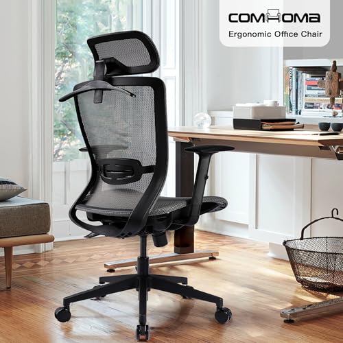 COMHOMA Office Chair Ergonomic Big and Tall Gaming Chair 350 LBS with 3D Adaptive Lumbar Support & Headrest, High Back Swivel Mesh Desk Chair Comfy for for Long Hours Work, ErgoFlex-P26, Black